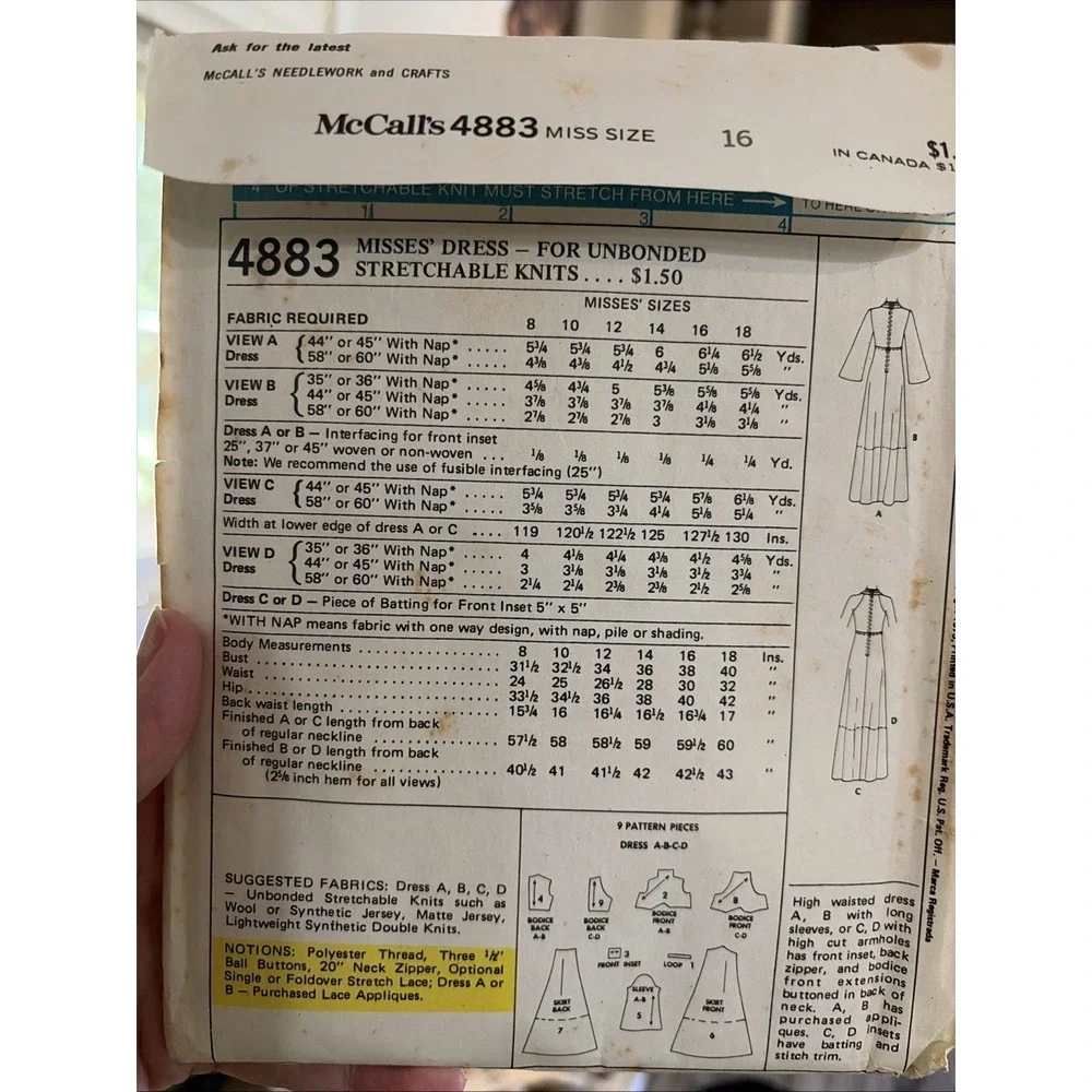 Vintage 1975 McCalls Dress Sewing Pattern 4883 Size 16 Uncut 70s Maxi Midi
